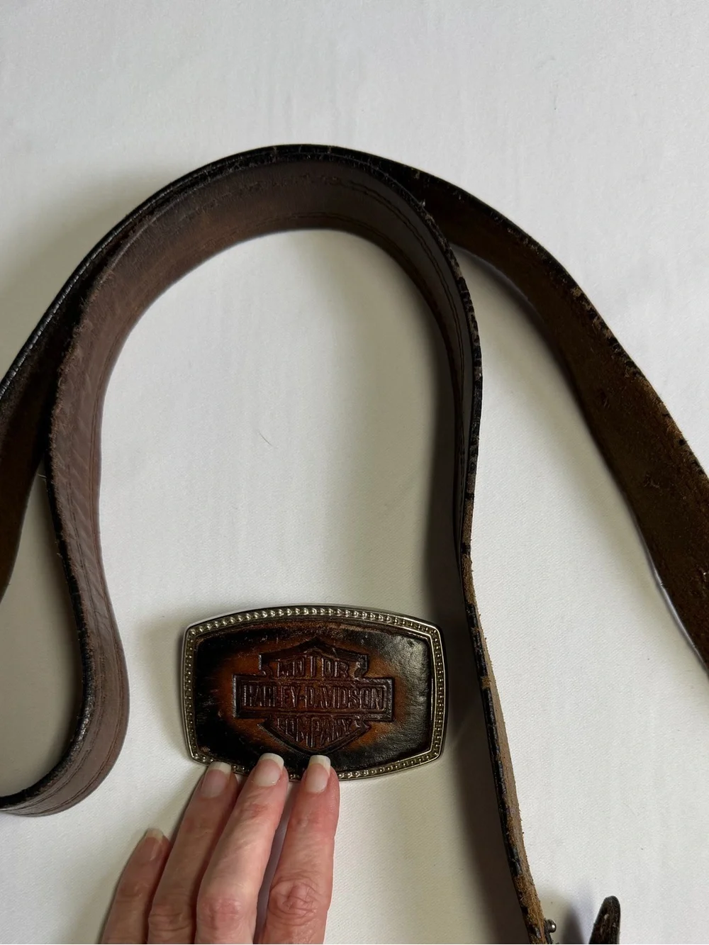 Vintage Harley-Davidson Brown Leather Belt & Detachable Stamped Leather Buckle